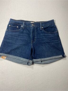 Levi’s Women's Mid Length Dark Blue Denim Rolled-Hem Jean Shorts